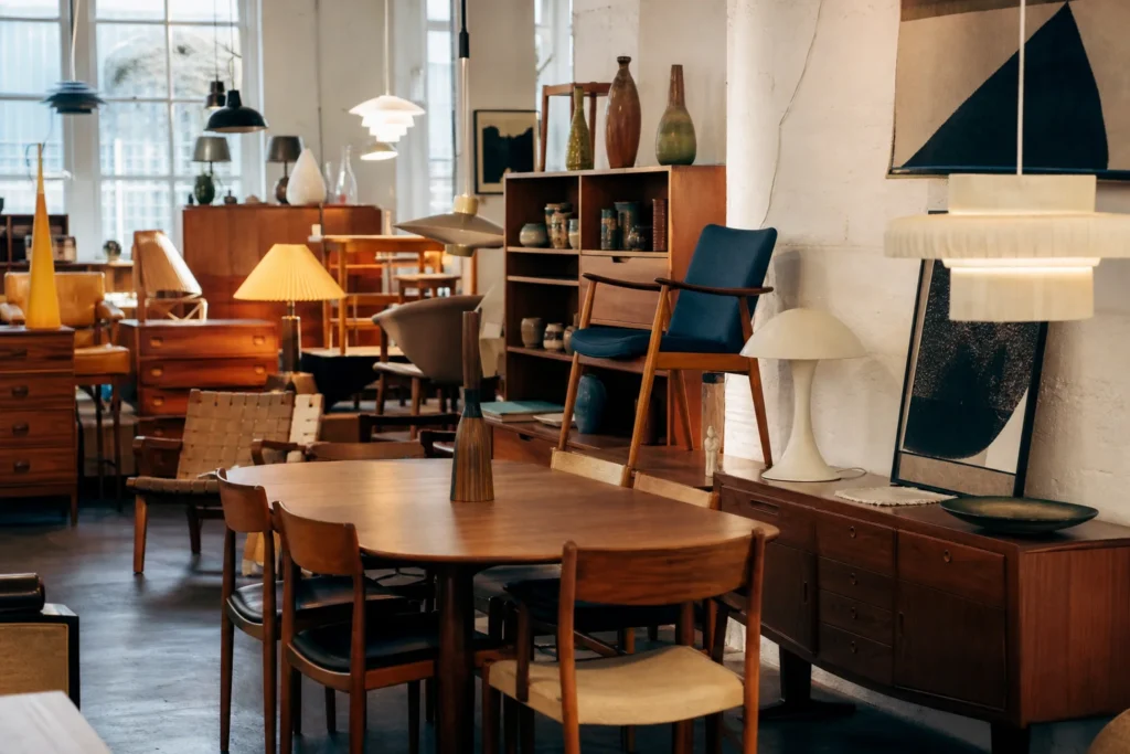 shoppers browsing antique and vintage market stalls at Mid-century Friends