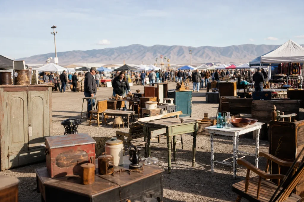 shoppers browsing antique and vintage market stalls at Mile High Flea Market in Colorado