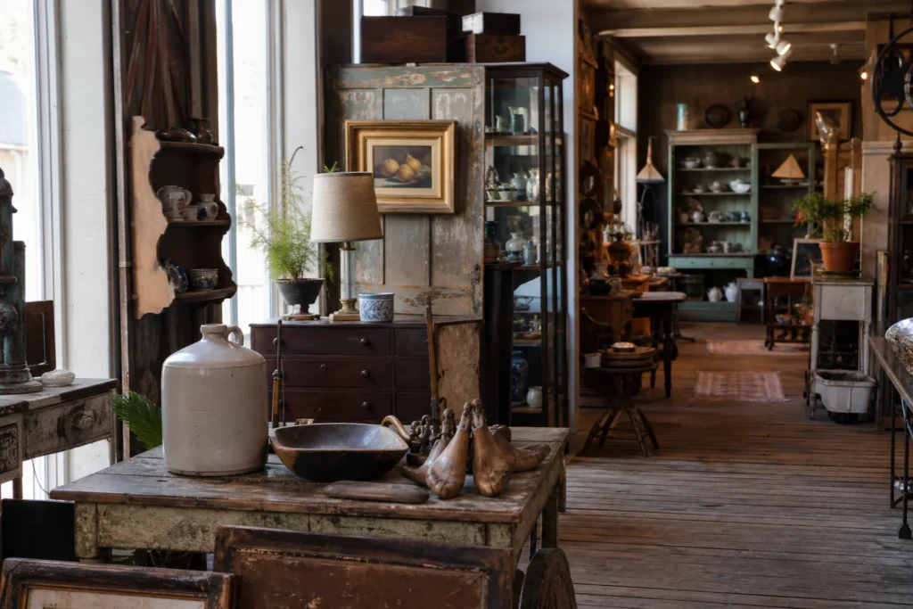 shoppers browsing antique and vintage market stalls at Millerton’s Antique District in New York State