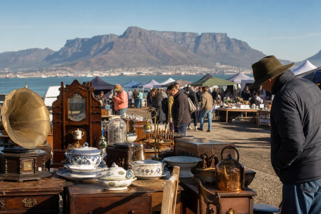 shoppers browsing antique and vintage market stalls at Milnerton Flea Market in South Africa