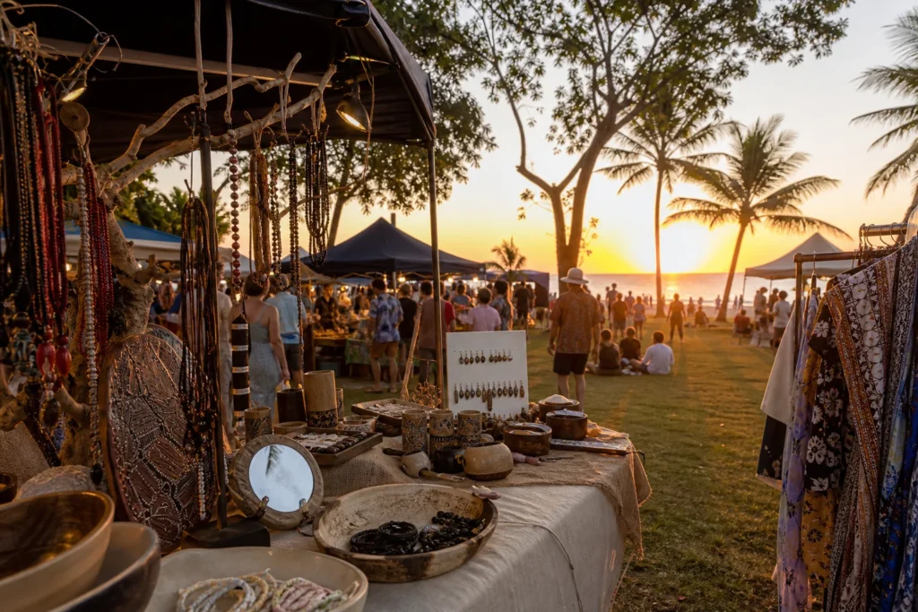 shoppers browsing antique and vintage market stalls at Mindil Beach Sunset Market in Northern Territory