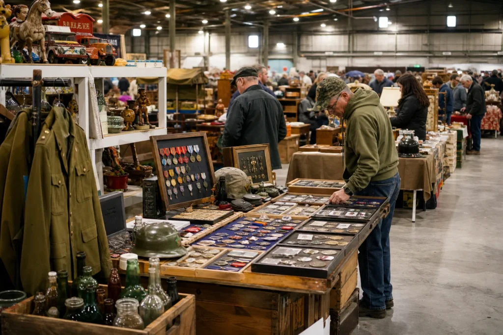 shoppers browsing antique and vintage market stalls at Minot Flea Market in North Dakota