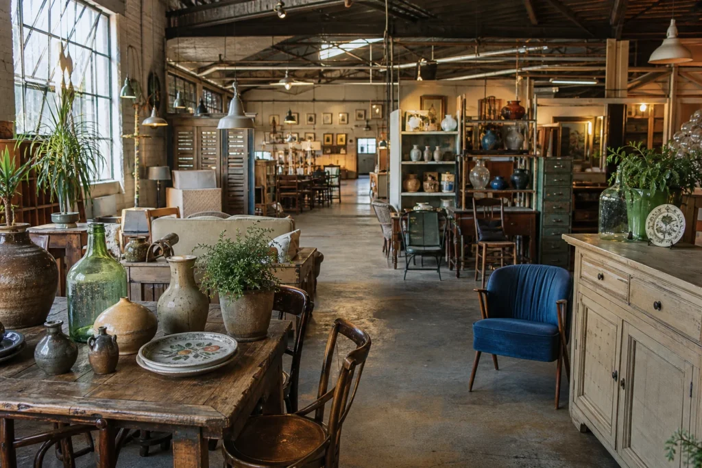 shoppers browsing antique and vintage market stalls at Mitchell Road Antique & Design Centre in New South Wales, Sydney