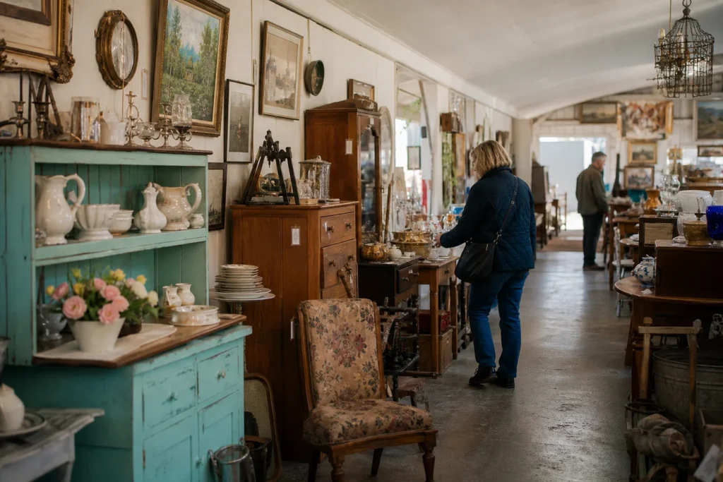 shoppers browsing antique and vintage market stalls at Mizerner’s Antiques and More Market in Canada, Ontario