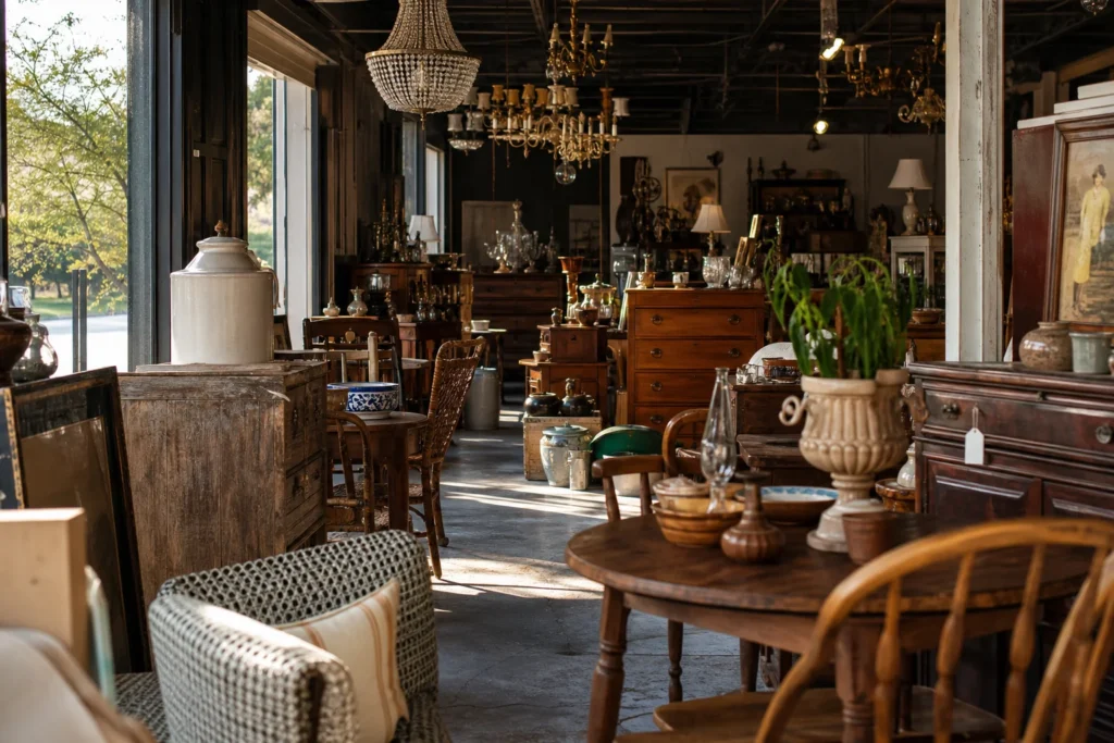 shoppers browsing antique and vintage market stalls at Mobile’s Antique District in Alabama