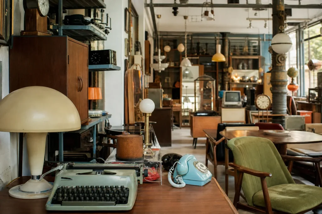 shoppers browsing antique and vintage market stalls at Modernon in Greece