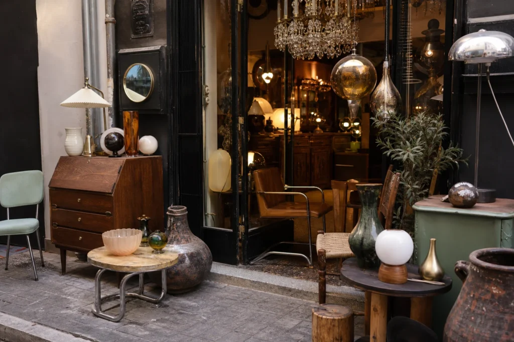 shoppers browsing antique and vintage market stalls at MOFU Vintage and Contemporary Design in Greece