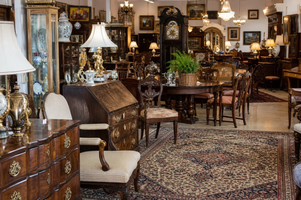 shoppers browsing antique and vintage market stalls at Montgomery Antiques and Interiors in Alabama