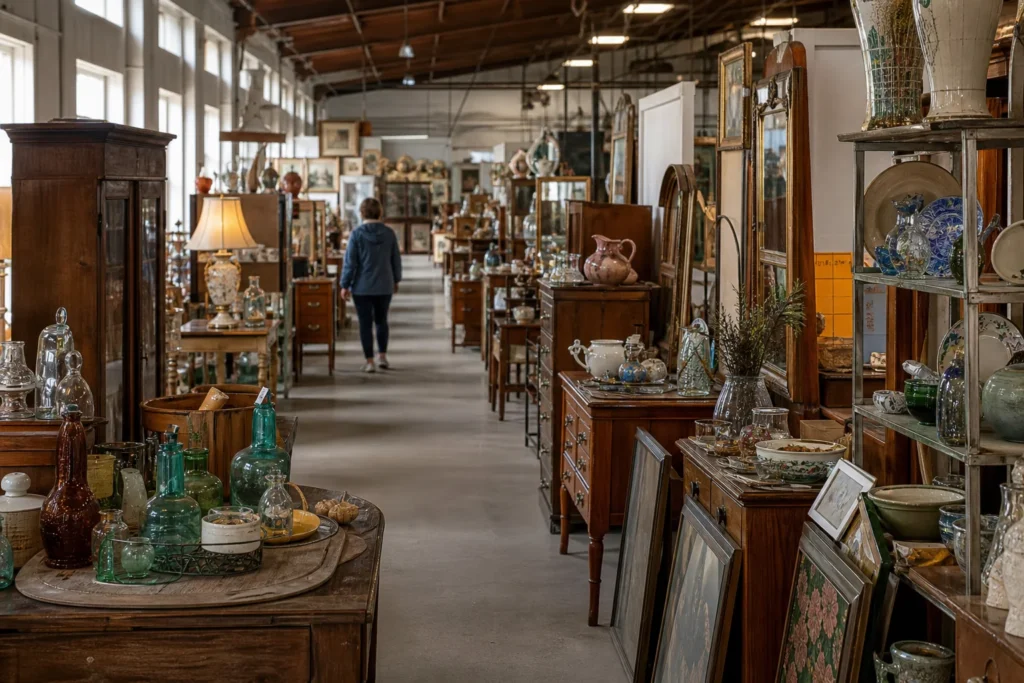 shoppers browsing antique and vintage market stalls at Montgomery’s Antique District in Alabama