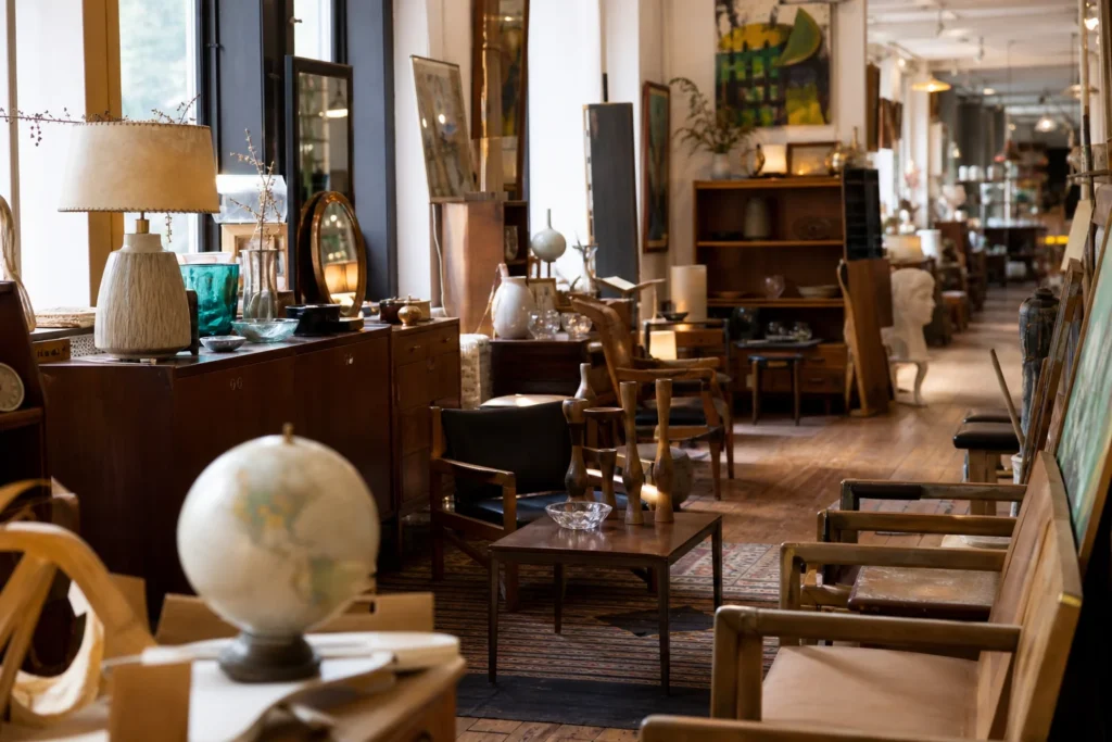 shoppers browsing antique and vintage market stalls at Montreal Antique District in Canada, Montreal, Quebec