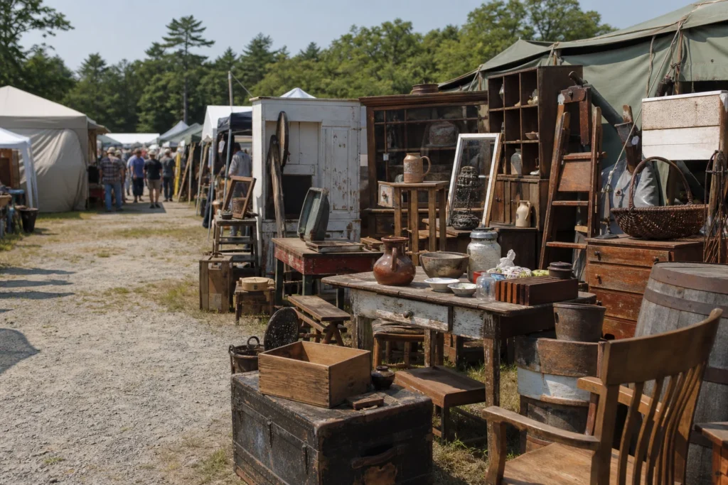 shoppers browsing antique and vintage market stalls at Montsweag Flea Market in Maine