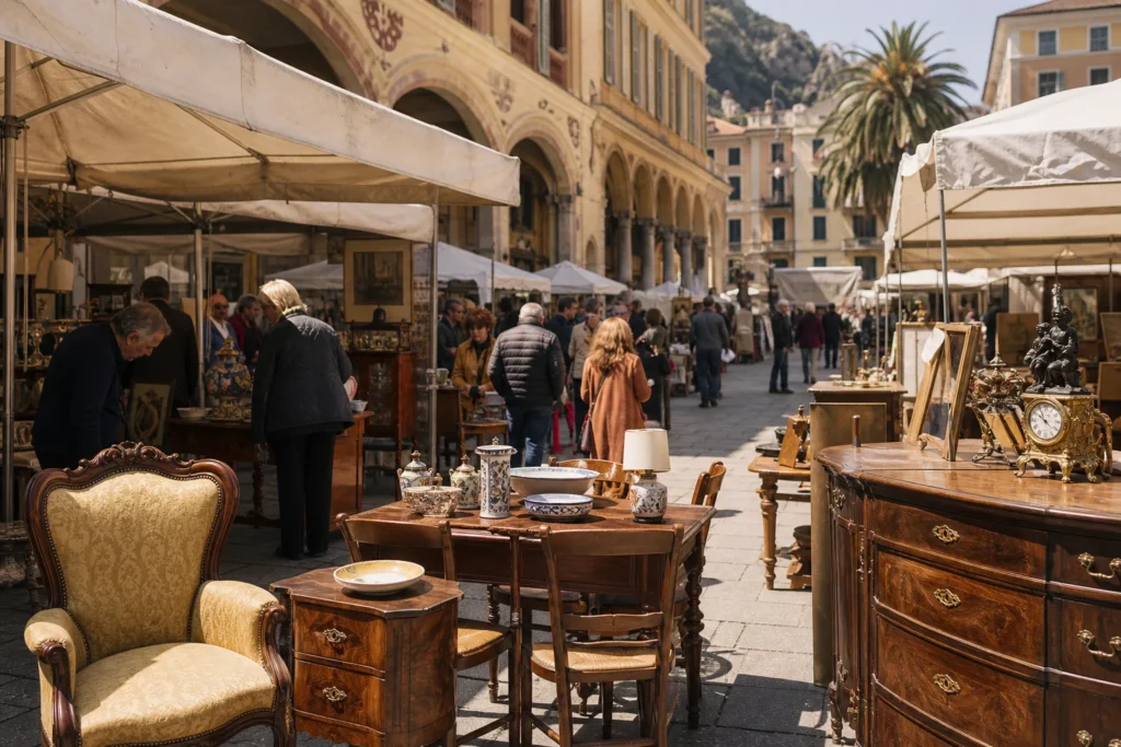 shoppers browsing antique and vintage market stalls at Mostra Mercato di Chiavari in Italy