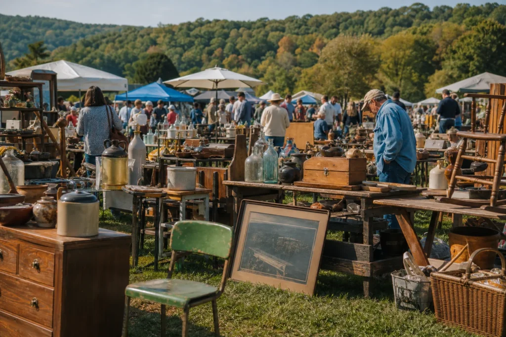shoppers browsing antique and vintage market stalls at Mower’s Saturday Sunday Flea Market in New York State