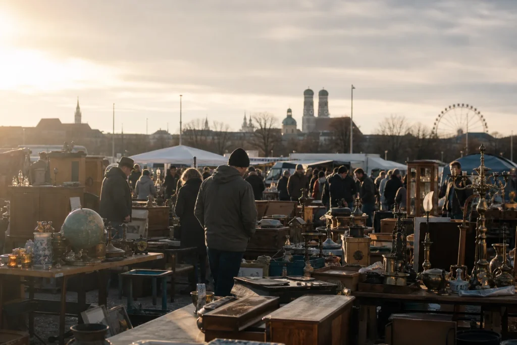 shoppers browsing antique and vintage market stalls at Münchner Flohmarkt auf der Theresienwiese in Germany