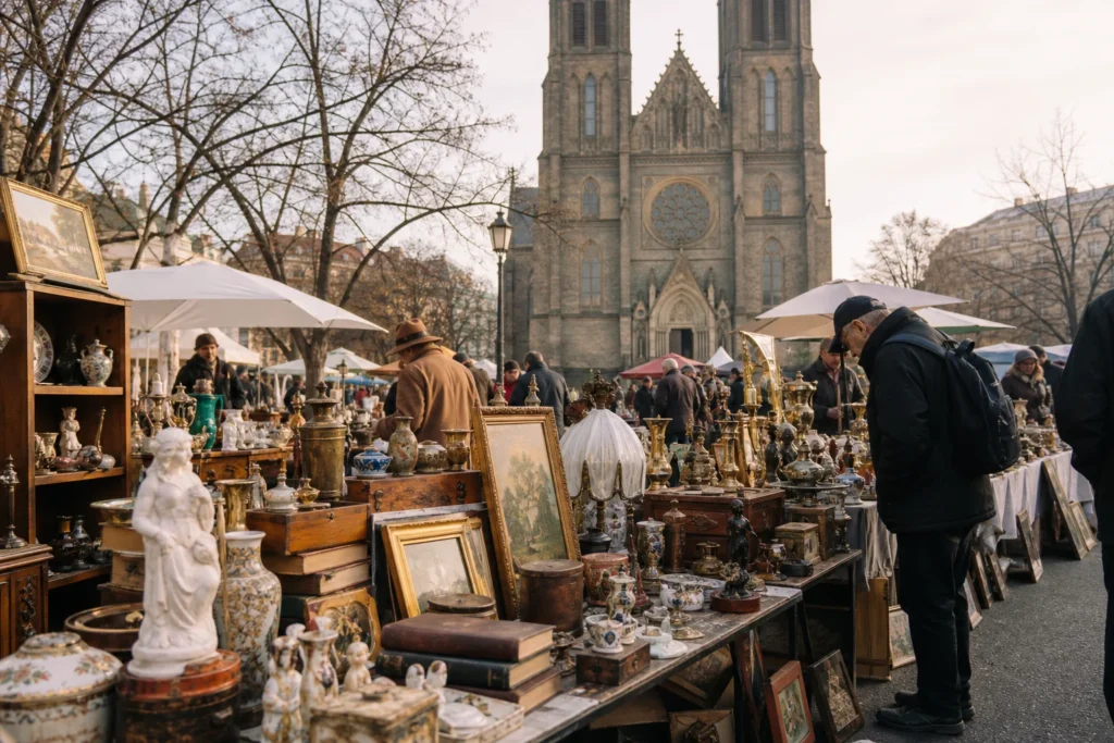 shoppers browsing antique and vintage market stalls at Namesti Miru Flea Market in Czech Republic