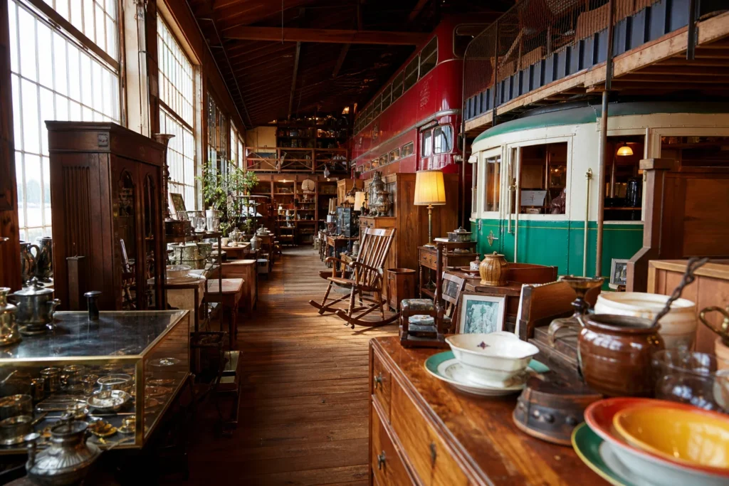 shoppers browsing antique and vintage market stalls at Napier’s Country Antiques in Vancouver