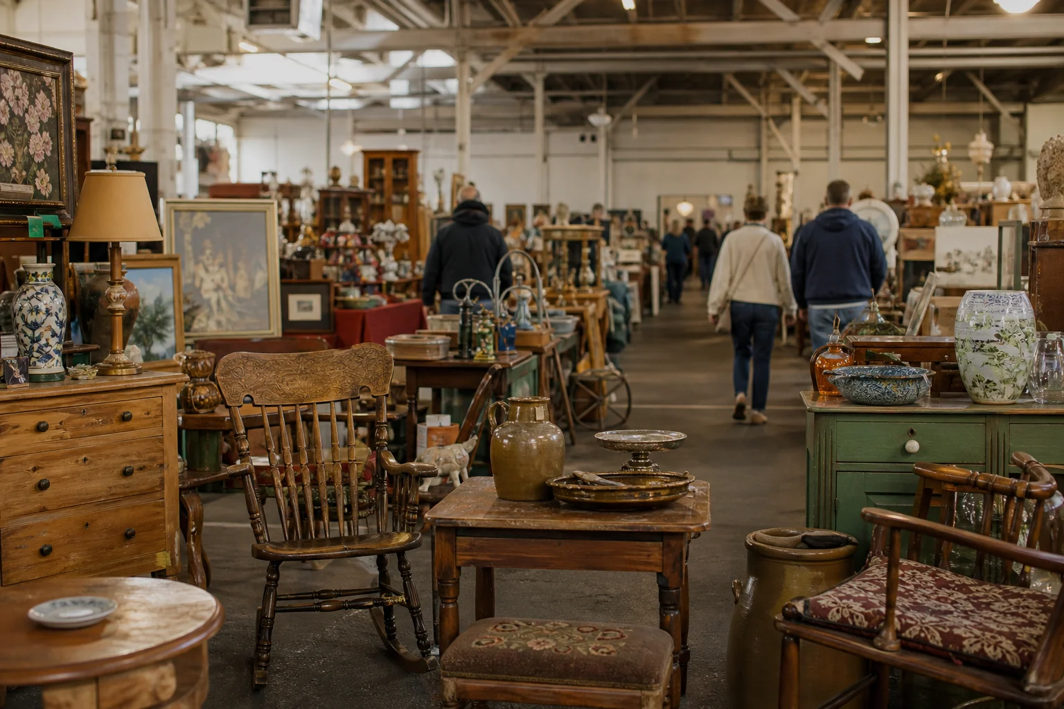 shoppers browsing antique and vintage market stalls at Nashville Fairgrounds Flea Market in Tennessee