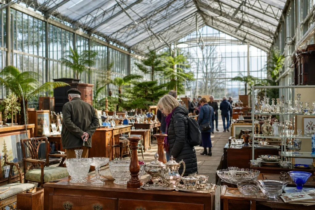 shoppers browsing antique and vintage market stalls at National Botanic Gardens of Wales Antique Fair in United Kingdom