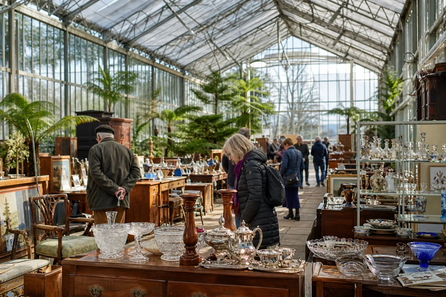 shoppers browsing antique and vintage market stalls at National Botanic Gardens of Wales Antique Fair in United Kingdom