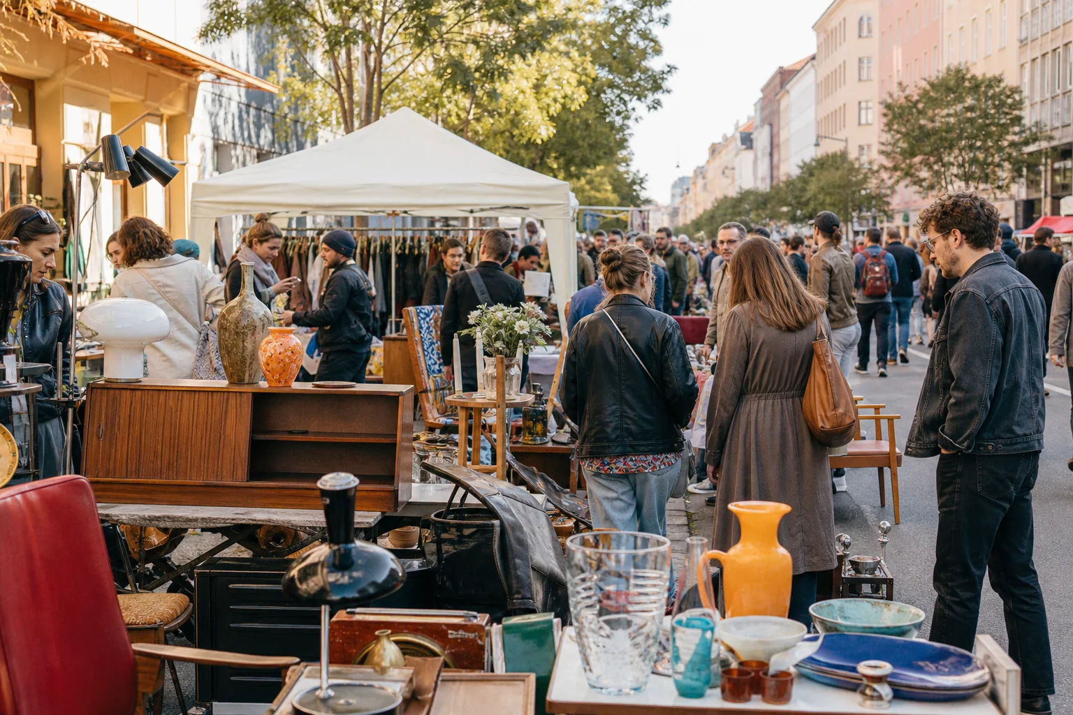 shoppers browsing antique and vintage market stalls at Neubaugassen Flohmarkt in Austria