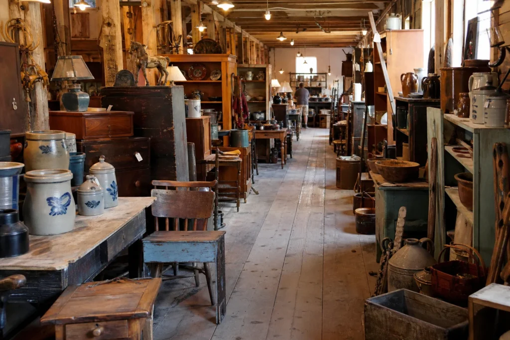 shoppers browsing antique and vintage market stalls at New Hampshire’s Antique Alley