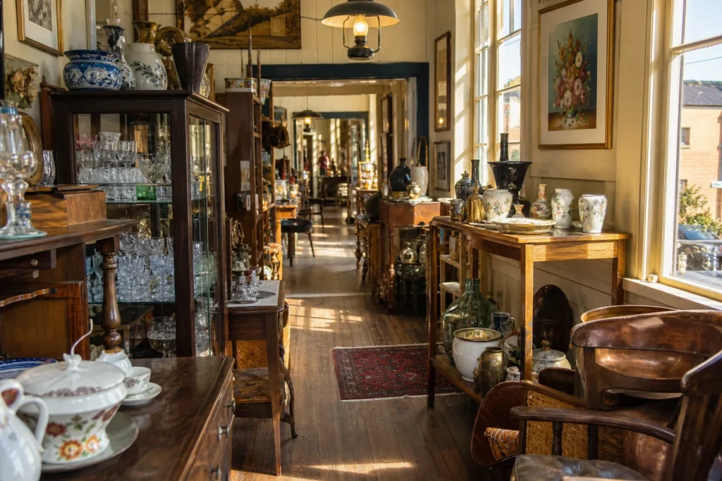shoppers browsing antique and vintage market stalls at New Norfolk’s Antique District in Tasmania
