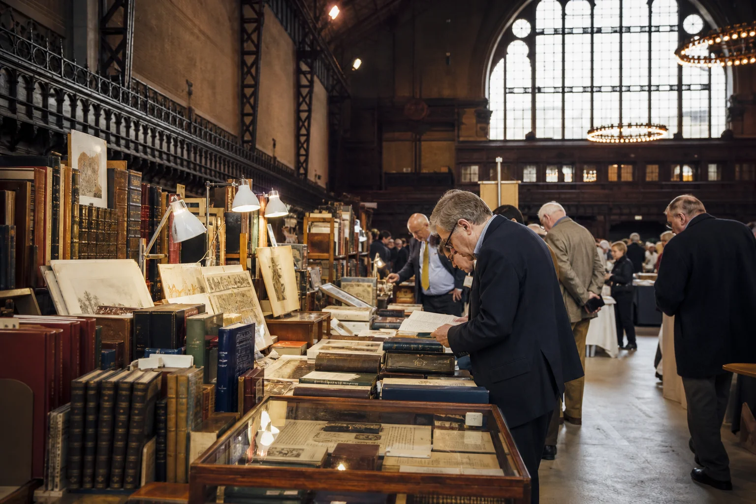 shoppers browsing antique and vintage market stalls at New York Antiquarian Book Fair in New York State