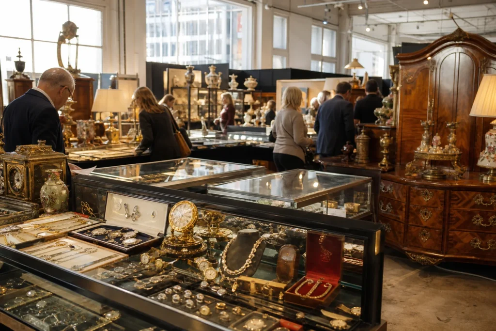 shoppers browsing antique and vintage market stalls at New York Antique Jewelry & Watch Show in New York City, New York State