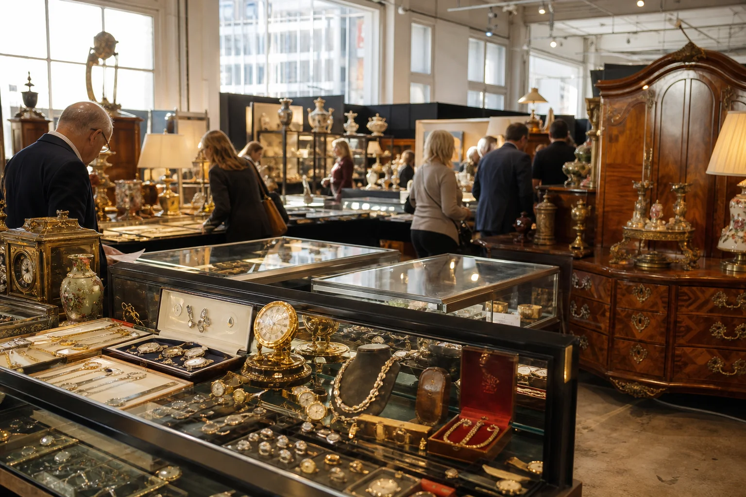shoppers browsing antique and vintage market stalls at New York Antique Jewelry & Watch Show in New York City, New York State