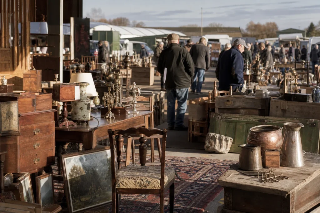 shoppers browsing antique and vintage market stalls at Newark International Antiques & Collectors Fair in United Kingdom