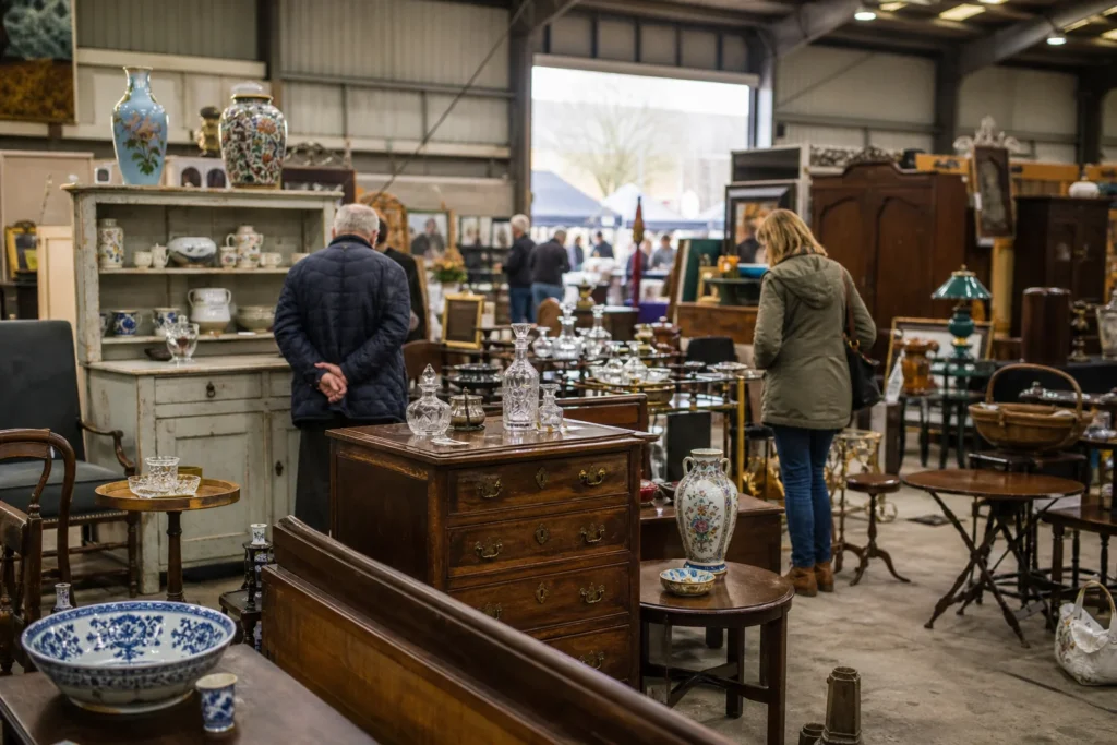 shoppers browsing antique and vintage market stalls at Newbury Antiques & Collectors Fair in United Kingdom