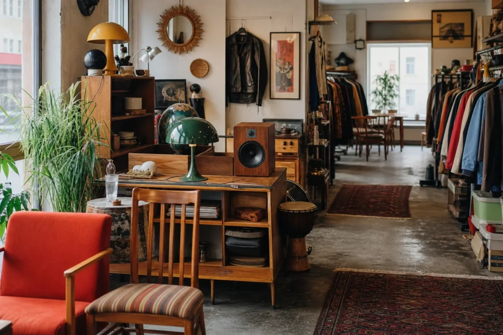 shoppers browsing antique and vintage market stalls at No Name Vintage in Sweden