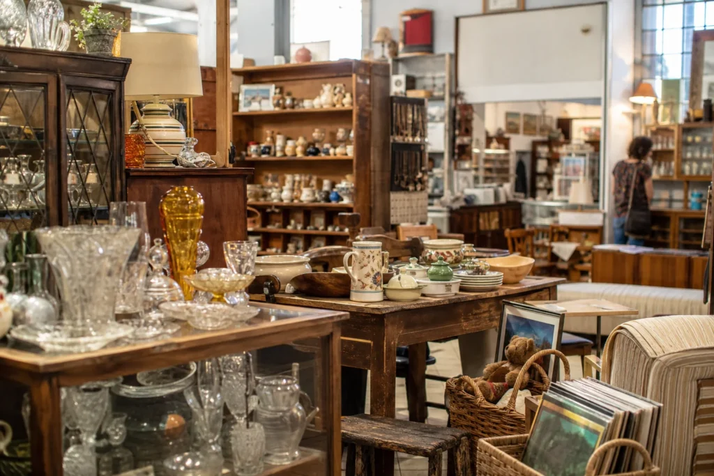 shoppers browsing antique and vintage market stalls at Noddy’s Curios in South Australia