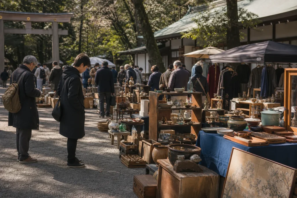 shoppers browsing antique and vintage market stalls at Nogi-Jinja Shrine – 乃木神社骨董蚤の市 in Japan, Tokyo