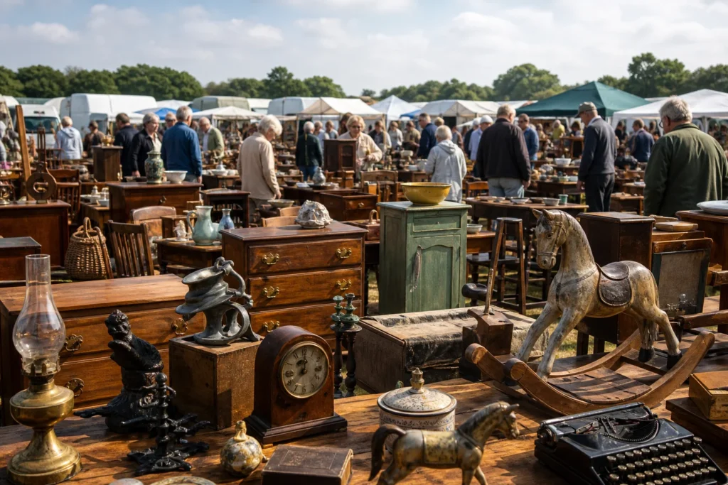 shoppers browsing antique and vintage market stalls at Norfolk Antique and Collectors Fairs in United Kingdom