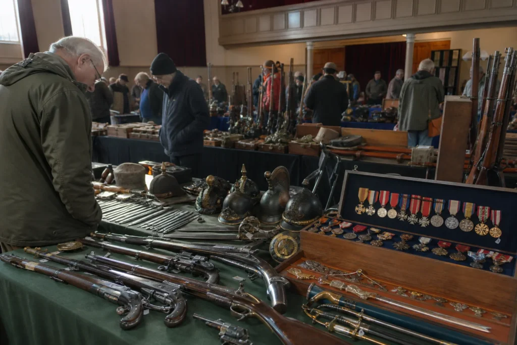 shoppers browsing antique and vintage market stalls at Northern Arms Fairs in United Kingdom