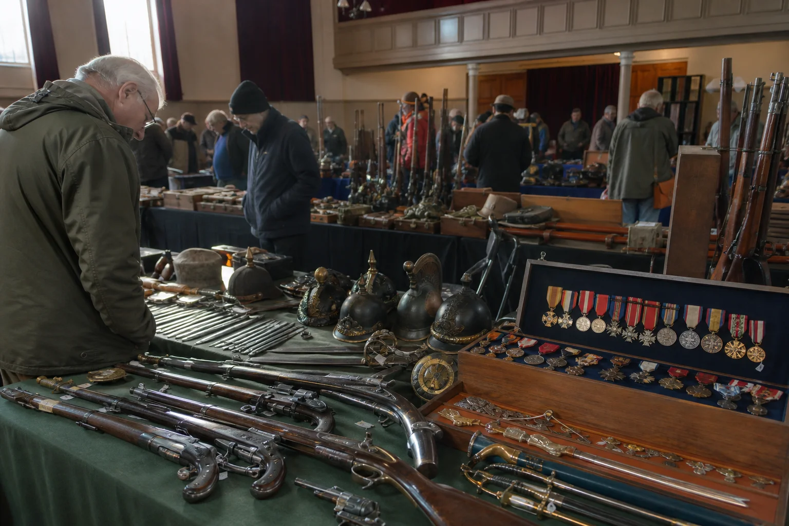 shoppers browsing antique and vintage market stalls at Northern Arms Fairs in United Kingdom