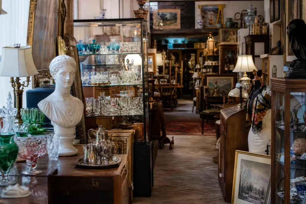 shoppers browsing antique and vintage market stalls at Nostalgia Antiques and Collectibles in Rhode Island