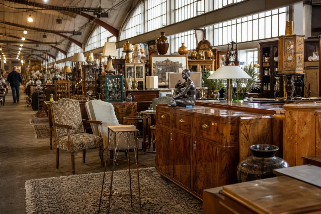 shoppers browsing antique and vintage market stalls at Nový Antik Bazar in Czech Republic