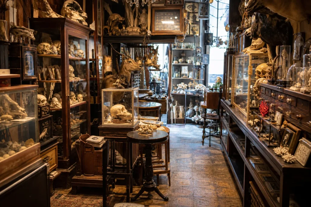 shoppers browsing antique and vintage market stalls at Obscura Antiques and Oddities in Place Charles David, 30400 Villeneuve-lès-Avignon, France