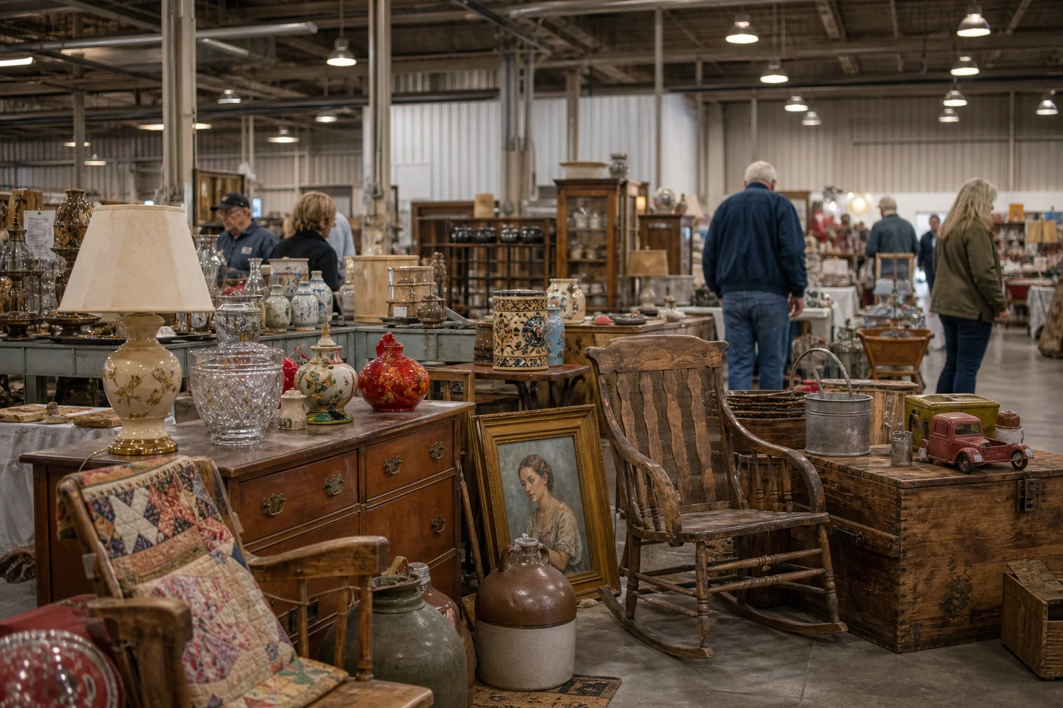 shoppers browsing antique and vintage market stalls at OKC Flea Market in Oklahoma