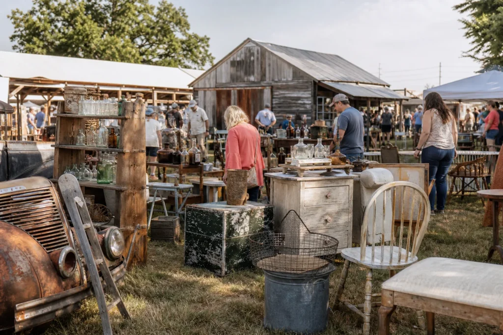 shoppers browsing antique and vintage market stalls at Old Chicken Farm Vintage Barn Sale in Oklahoma