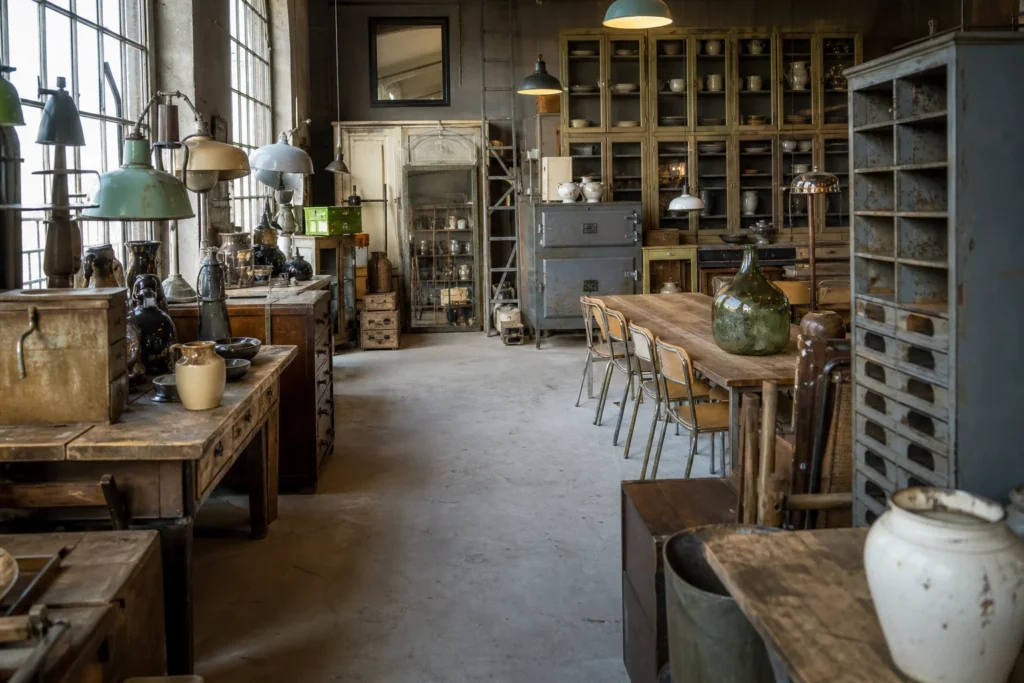 shoppers browsing antique and vintage market stalls at Old Goods in Netherlands