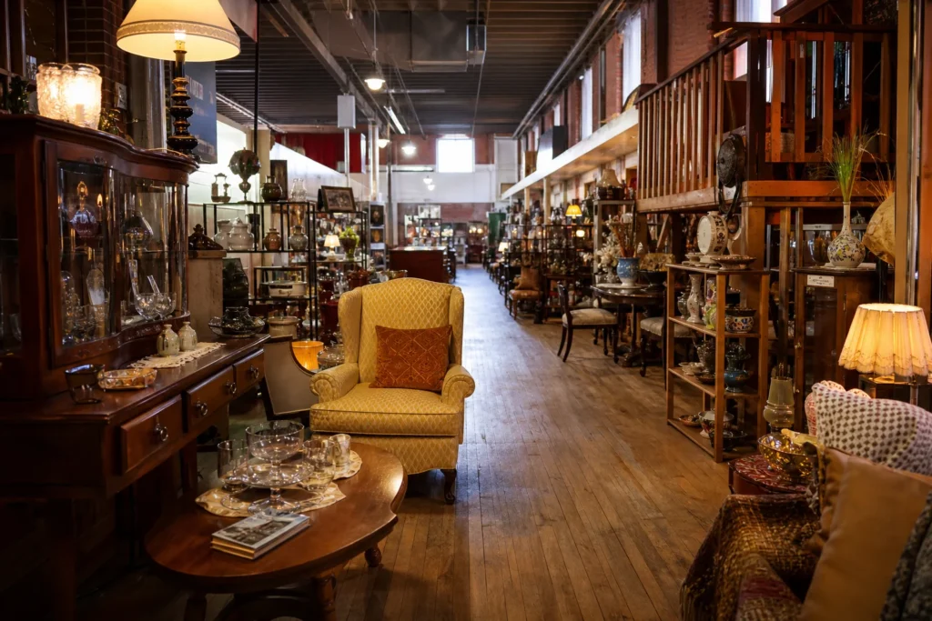 shoppers browsing antique and vintage market stalls at Old Strathcona Antique Mall in Alberta, Canada