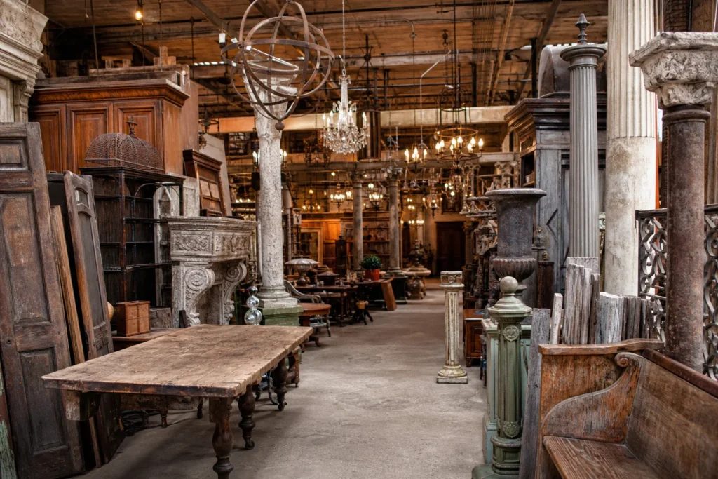 shoppers browsing antique and vintage market stalls at Olde Good Things in New York City, New York State