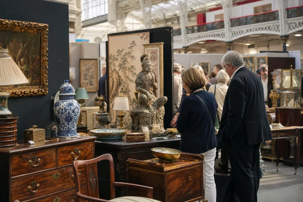 shoppers browsing antique and vintage market stalls at Olympia International Art and Antiques Fair in London