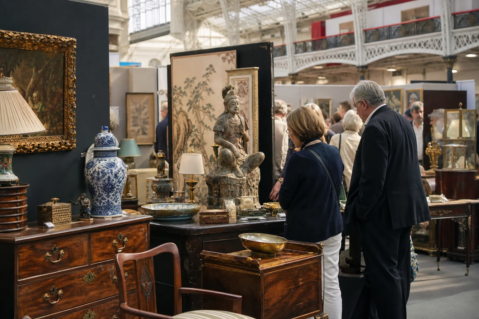 shoppers browsing antique and vintage market stalls at Olympia International Art and Antiques Fair in London