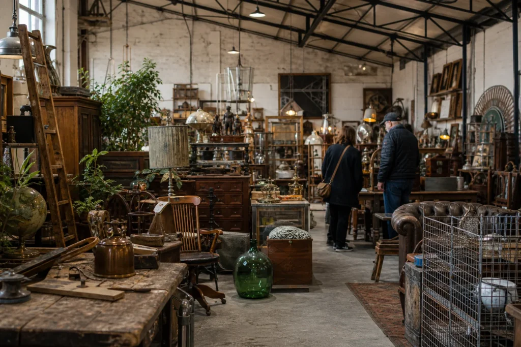 shoppers browsing antique and vintage market stalls at On The Square Emporium in United Kingdom