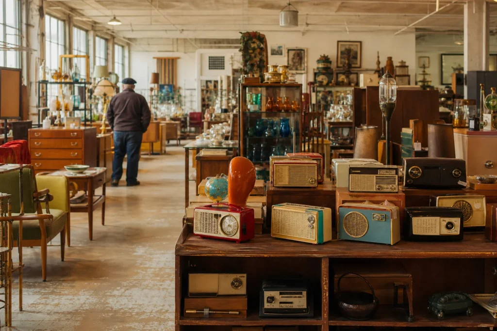 shoppers browsing antique and vintage market stalls at One of a Kind Antique Mall in Canada, Ontario