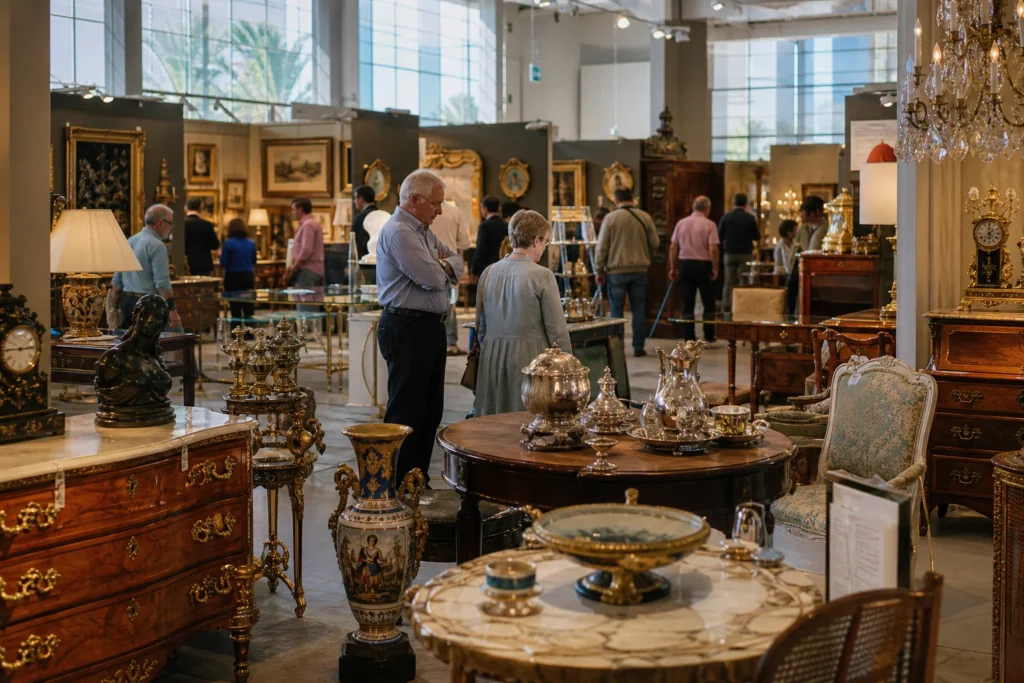 shoppers browsing antique and vintage market stalls at Original Miami Beach Antique Show in Florida, Miami